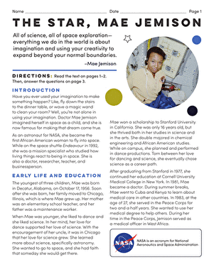Introducing Mae Jemison: A Reading Worksheet for Young Learners Illustration of a reading comprehension worksheet about Mae Jemison for third graders