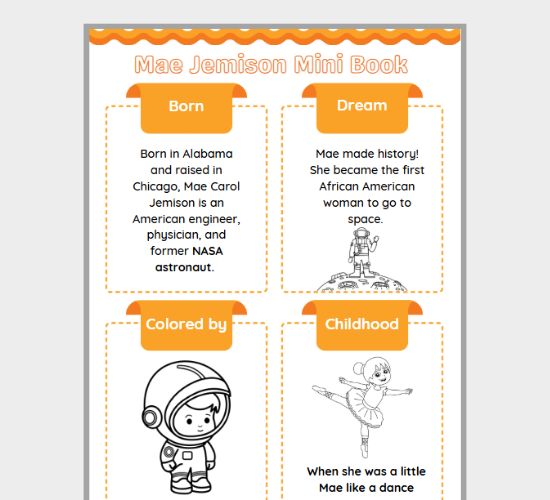 Mae Jemison mini book worksheet for pre-K students featuring tracing and coloring activities about the astronaut and scientist