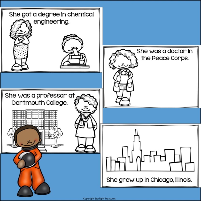 Mae Jemison Mini Book worksheet for Pre-K students featuring tracing and coloring activities about the astronaut and scientist