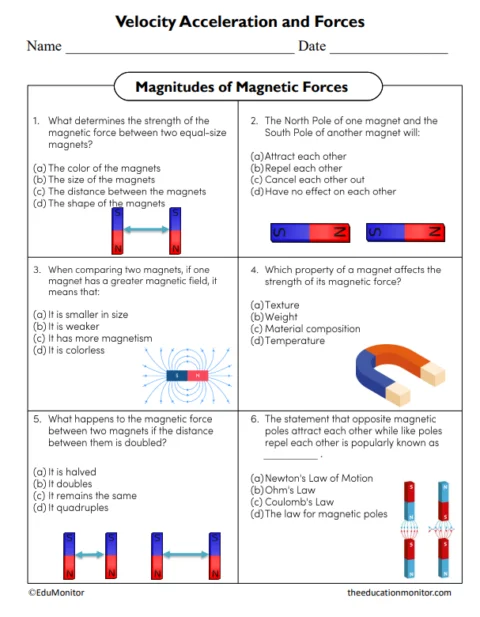 Sixth grade students using a two-page science worksheet to calculate the magnitude of magnetic forces via ratios
