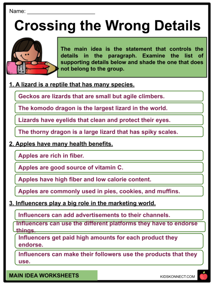 Worksheet for identifying main ideas and details in a reading exercise about lungs