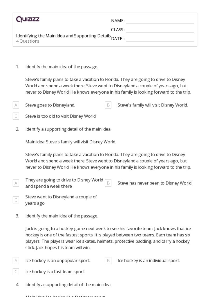 Fourth grade student working on an Identifying the Main Idea and Details worksheet about human lungs