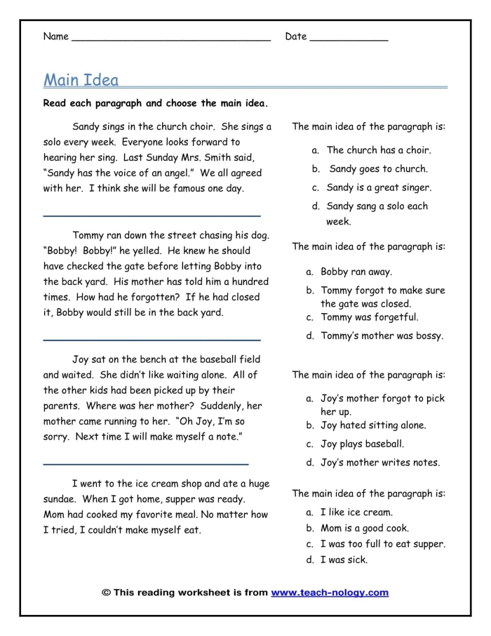 Worksheet for third graders focusing on main idea and details about icebergs