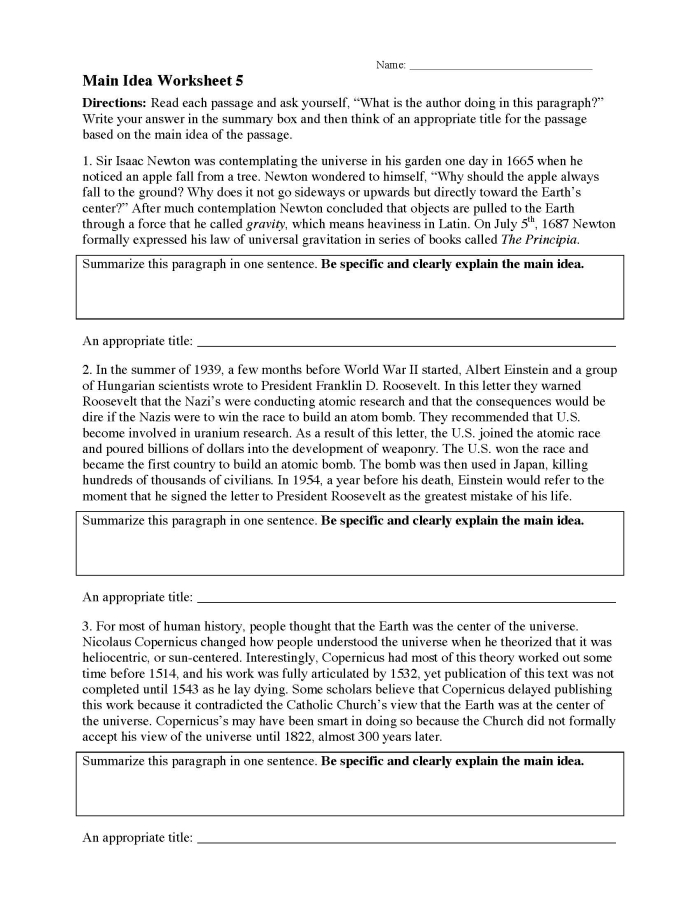 Worksheet for identifying the main idea and details focused on lung health for fourth graders