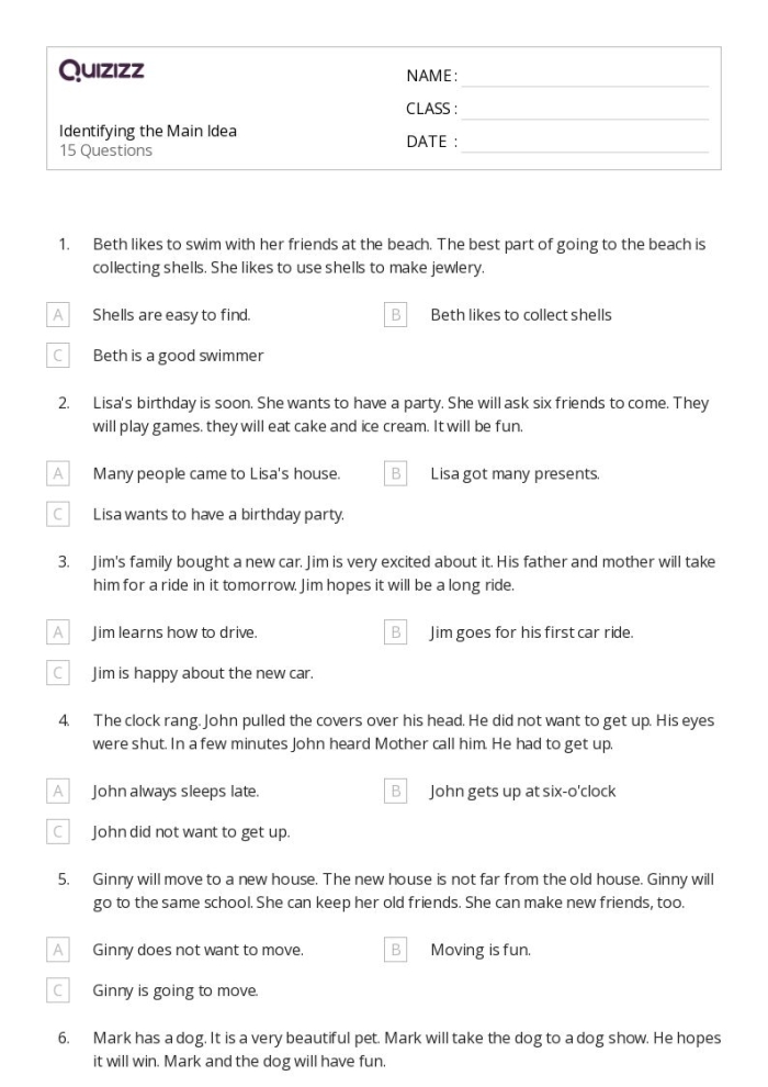 Worksheet for identifying the main idea and details about lung function for fourth graders