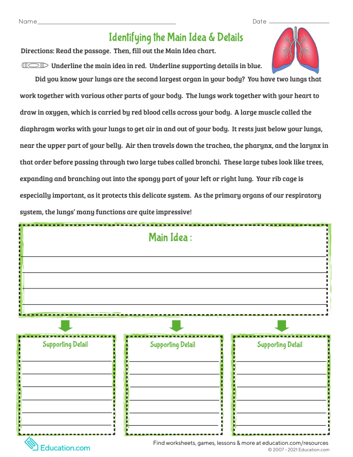 Main Ideas and Supporting Details Worksheet 22 for Fourth Grade Science Fourth grade Earth and Space Science worksheet focusing on identifying main ideas and supporting details 22