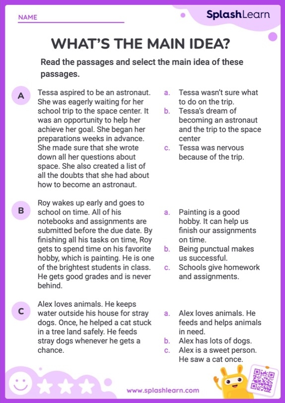 Fourth grade literacy worksheet for identifying the main idea of a short text about the Moon