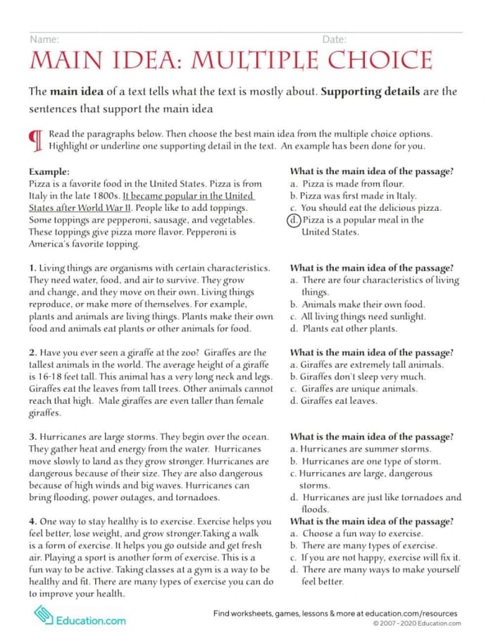 Reading comprehension exercise featuring main idea identification for third grade students Main Idea Multiple Choice worksheet for third graders focusing on nonfiction text comprehension