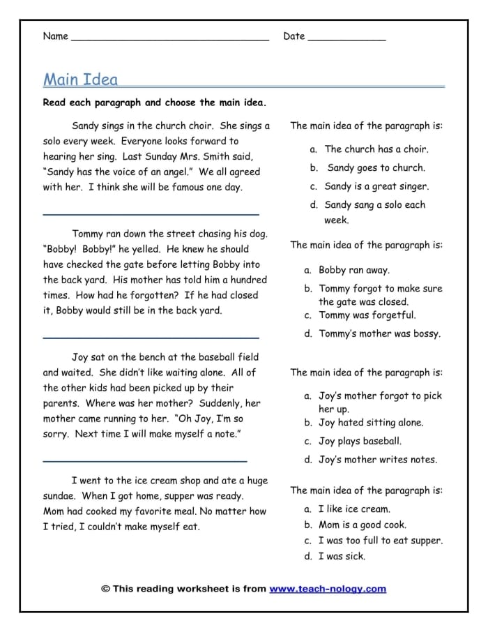 Worksheet showcasing exercises to identify the main idea in reading materials Main Idea Multiple Choice worksheet for third graders focusing on nonfiction comprehension