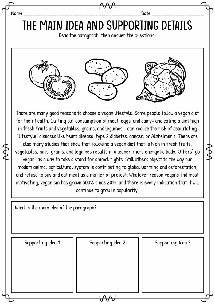 Third grade reading worksheet showing main idea and details comprehension exercise with text passages and answer spaces for students to practice identifying key concepts