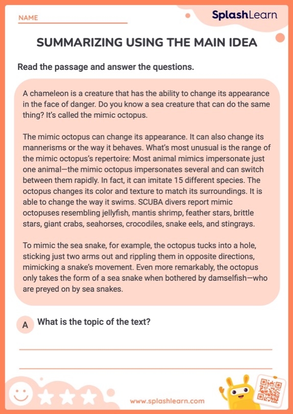 Worksheet for identifying the main idea of a story for third graders