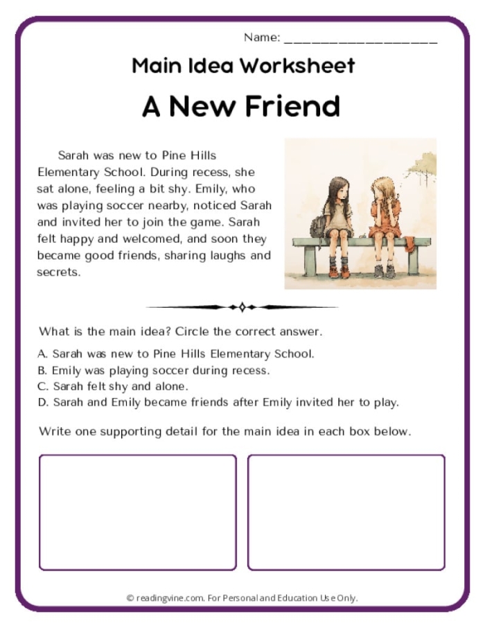 Second grade reading worksheet asking students to identify the main idea of a paragraph by circling the correct answer