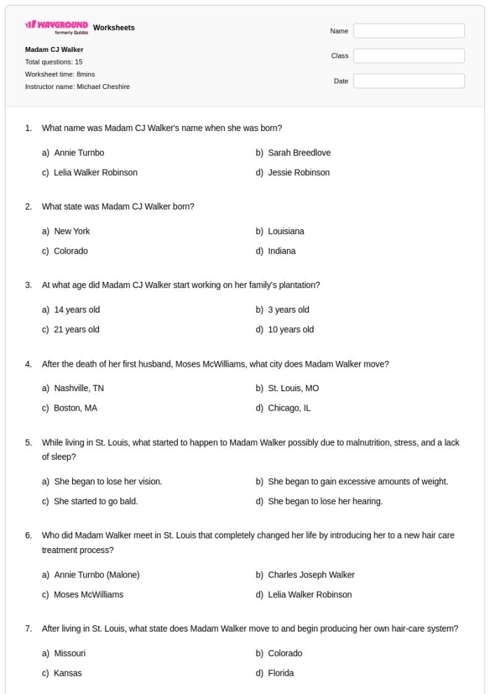 Worksheet focused on finding the main idea about Madam C.J. Walker, a pioneering self-made millionaire. Educational resource for fourth-grade phonics students exploring her impactful story.