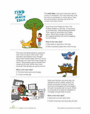 Third grade worksheet for practicing reading comprehension by identifying the main idea of a story