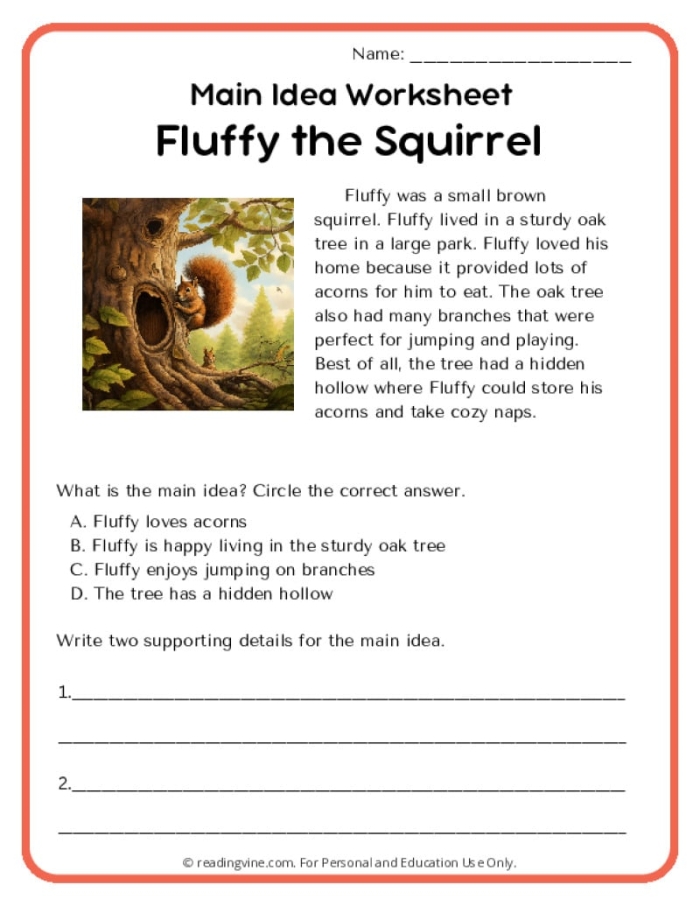 Second grade reading worksheet focused on identifying the main idea of short paragraphs