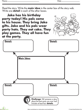 Main Idea of a Story worksheet for third-grade students focused on reading comprehension skills