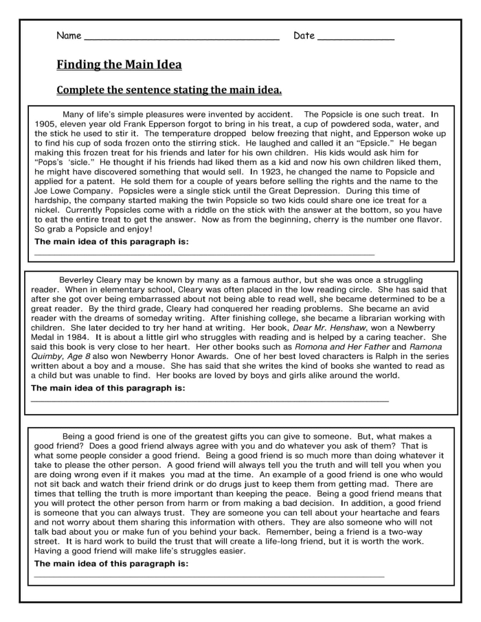 Main Idea: The Wright Brothers worksheet for Third Grade