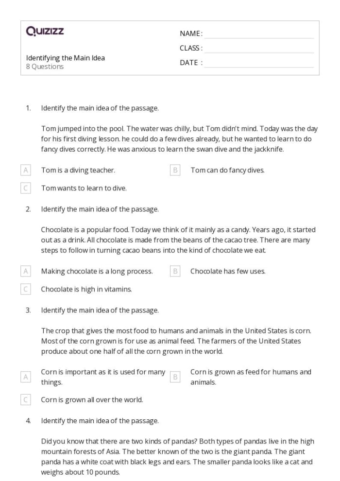 Worksheet showcasing various working dogs assisting humans for reading comprehension. Main Idea: Working Dogs worksheet for third graders.