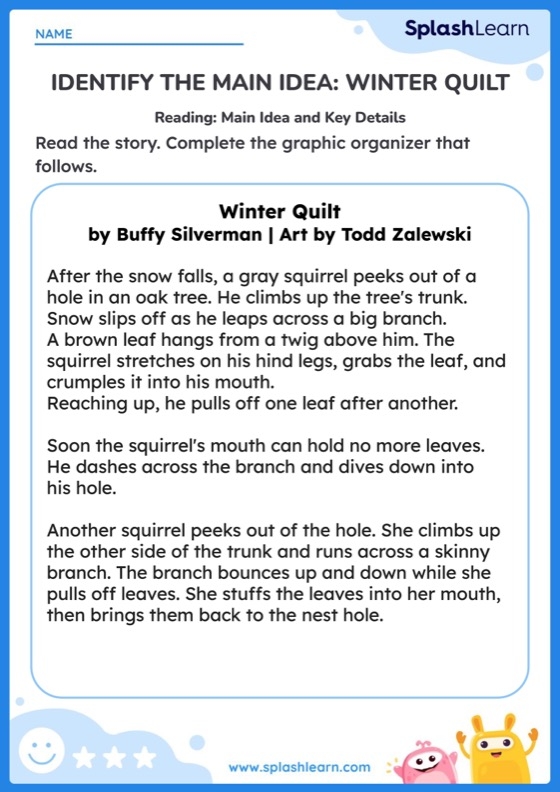 Third grade student completing a reading comprehension worksheet to identify the main idea of a story