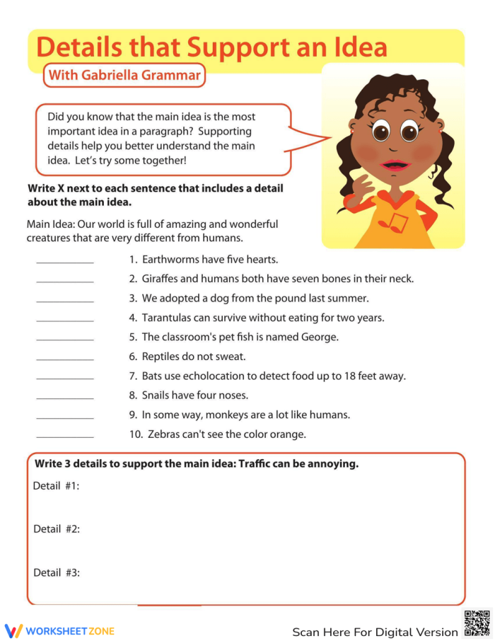 Writing Workout Supporting the Main Idea Worksheet Four Third grade student practicing writing techniques on a supporting the main idea worksheet