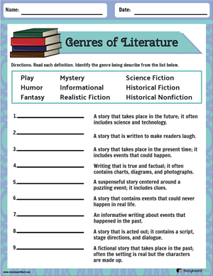 Worksheet for matching reading genres with their descriptions for third graders