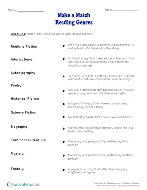 Kids engaging with a worksheet that matches reading genres to their descriptions