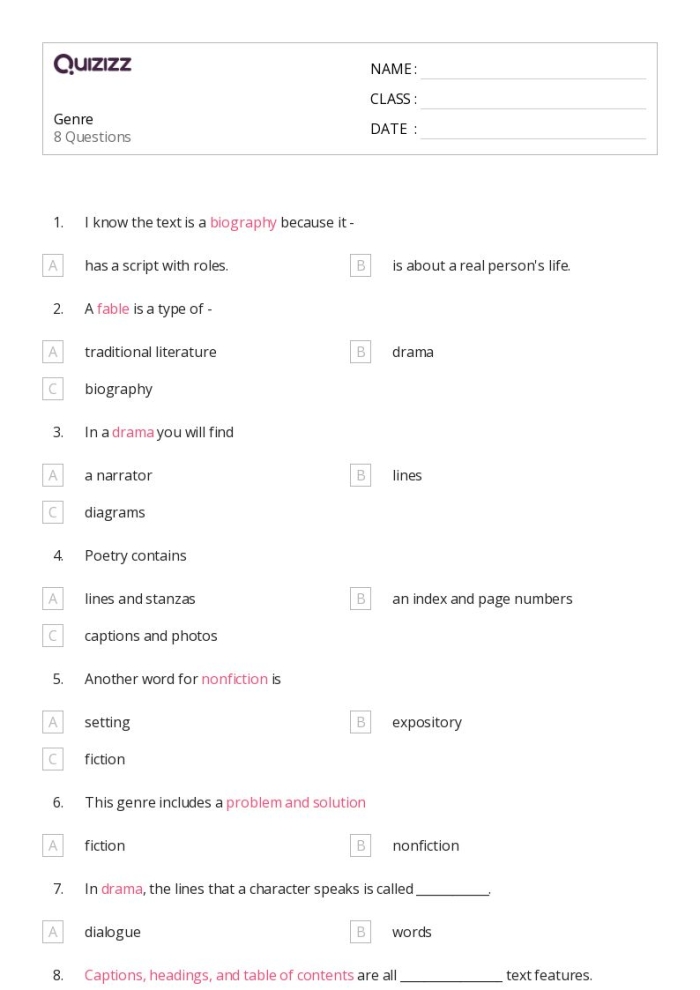 Students engaging with the Make a Match: Reading Genres worksheet to connect genres with their descriptions. Worksheet image for third graders focusing on reading genres in economics.