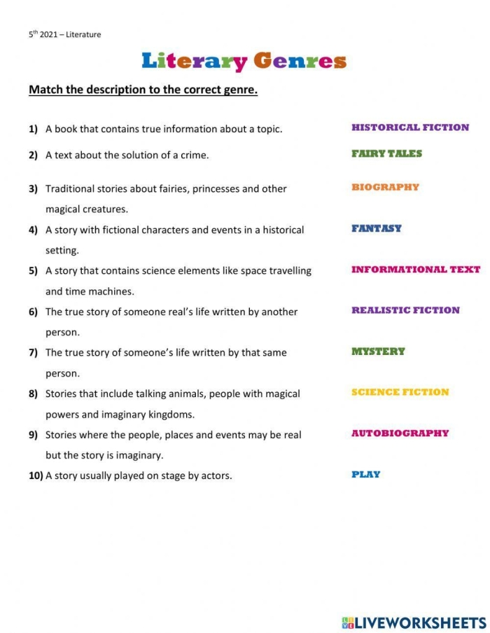 Students matching reading genres with descriptions in the Make a Match worksheet