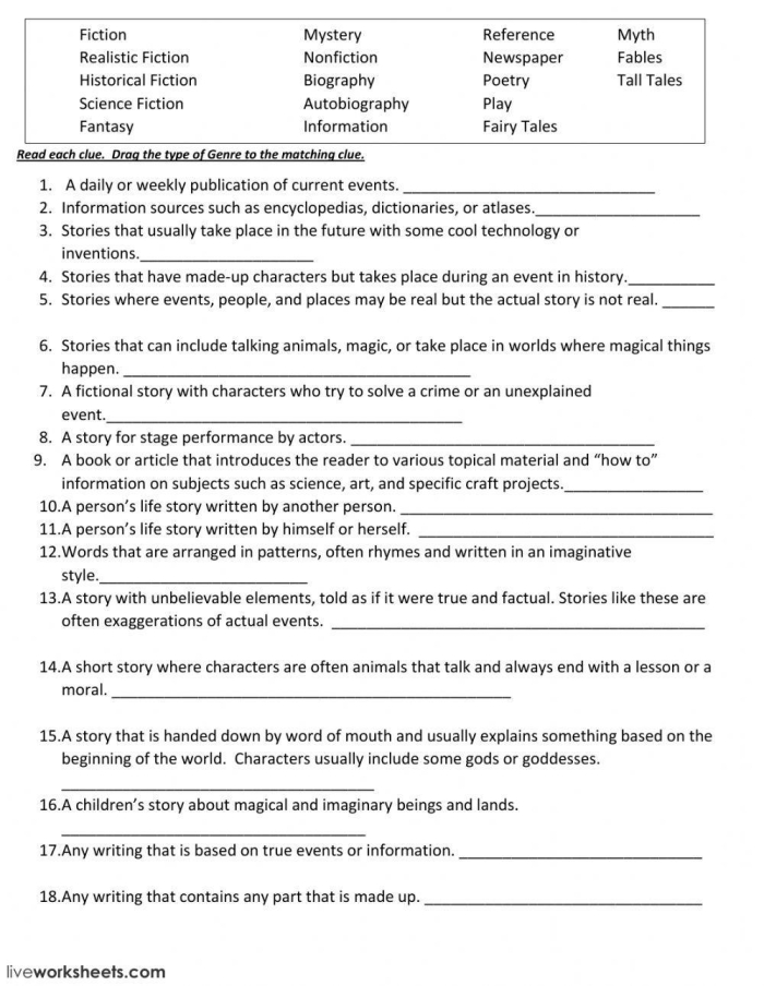 Children matching reading genres with their descriptions on a worksheet