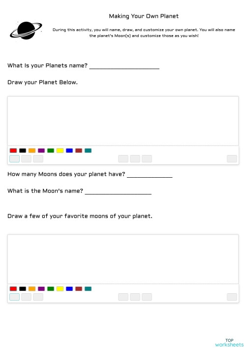 Make a Planet worksheet for numbers and counting activities in third grade Creative worksheet for making a unique planet designed for third graders