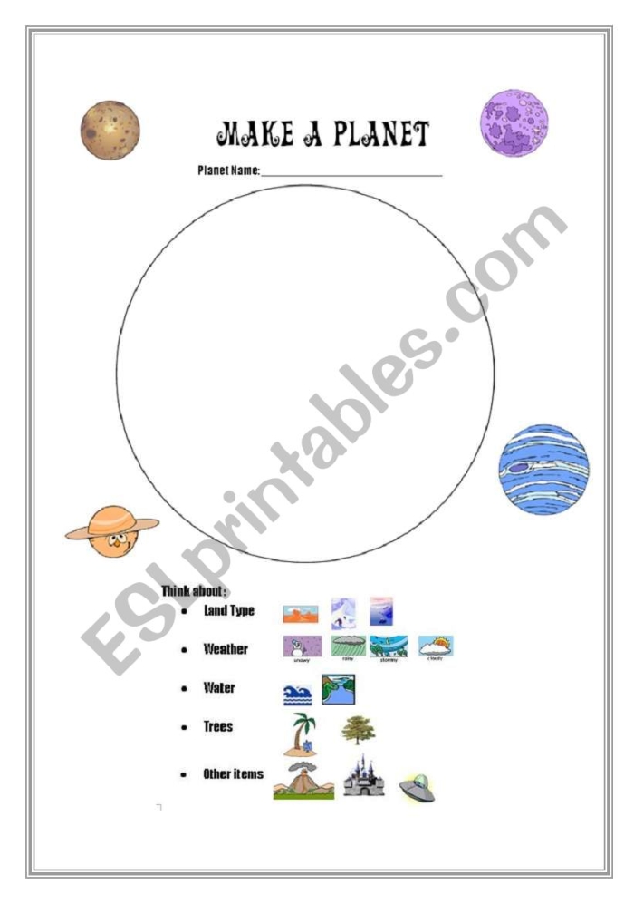 Make a Planet worksheet for creative learning and scientific exploration in third grade A colorful worksheet for third graders to create their own unique planet design while practicing numbers and counting