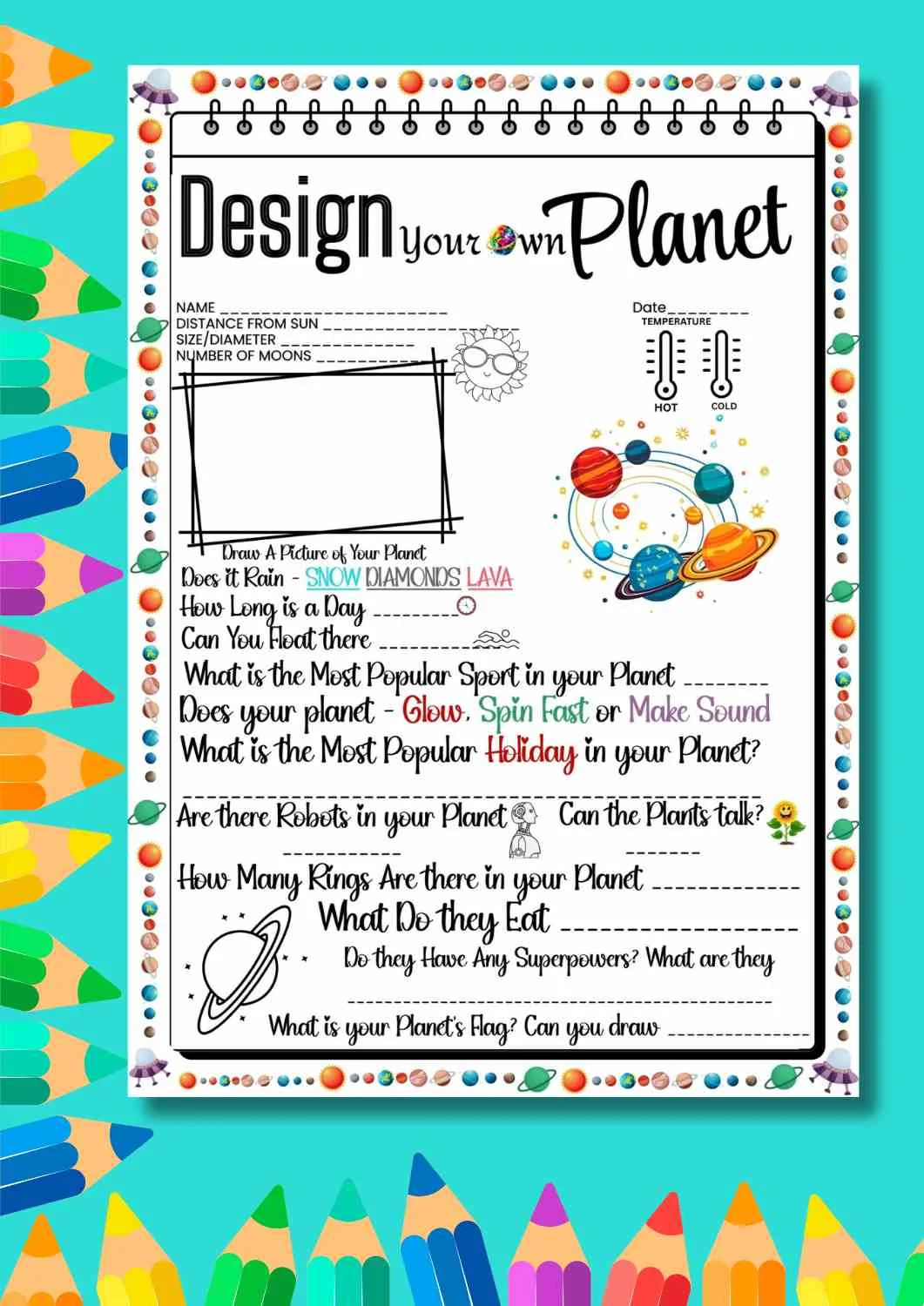 Numbers and Counting worksheet for Third Grade A colorful worksheet for third graders to create their own planet, blending creativity with science. Make a Planet worksheet for numbers and counting activities in third grade.