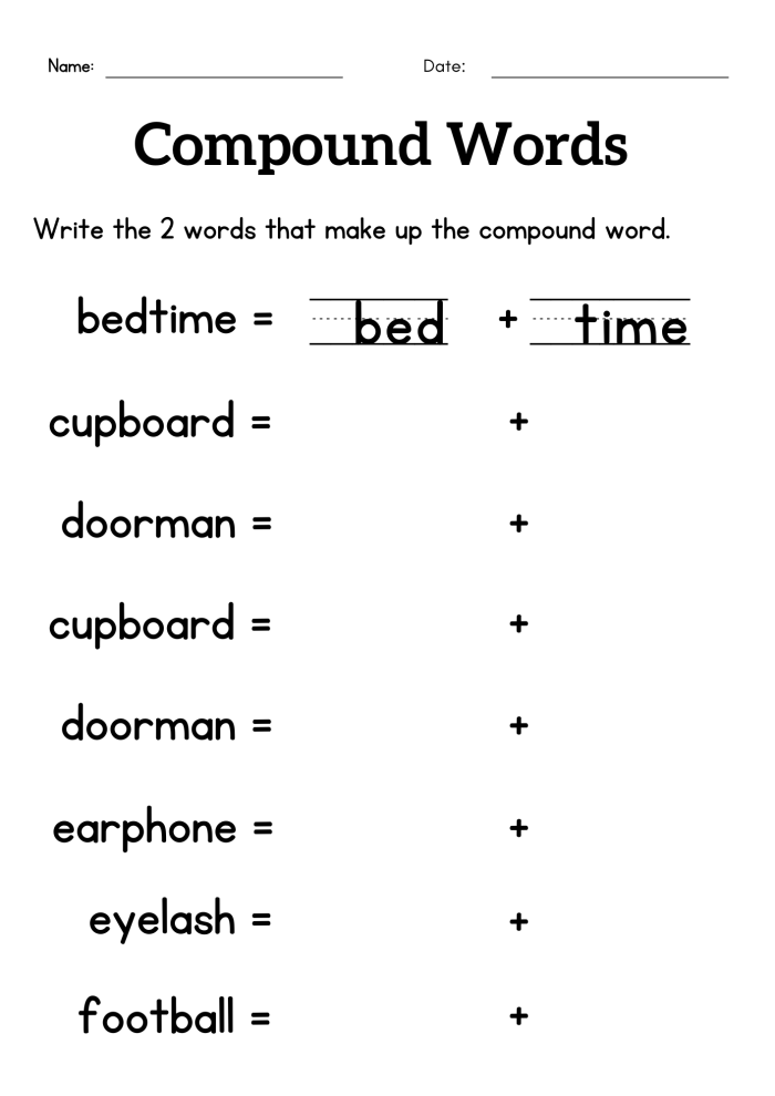 Practice sheet to help children learn about compound words Worksheet for making compound words for second graders
