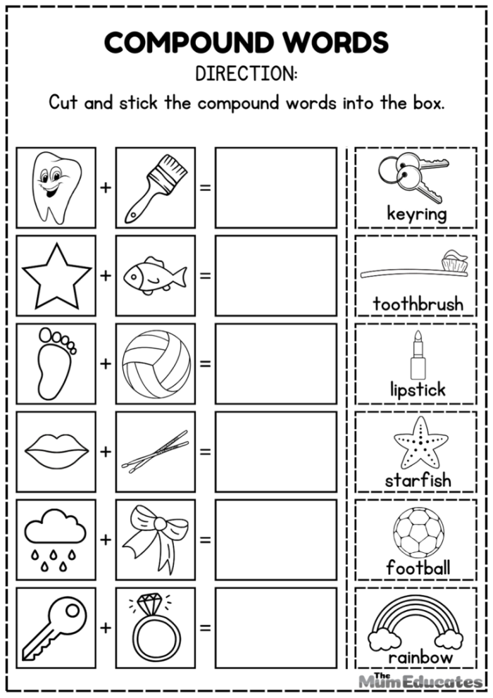 Reading worksheet for Second Grade Worksheet for practicing the formation of compound words in second grade reading. Engaging exercise to help children combine two words into one.