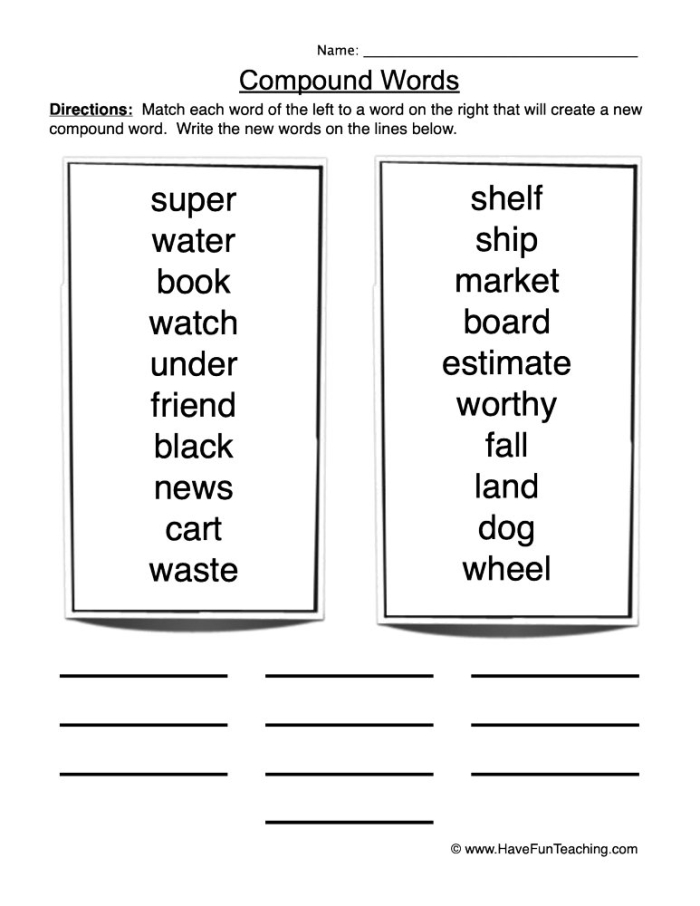Engaging practice sheet to help children learn about compound words Worksheet for practicing the creation of compound words for second graders