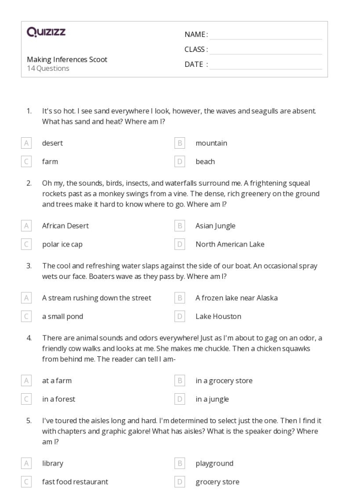 Educational worksheet for second grade students focused on making inferences 16 Second grade students practice reading comprehension by completing the Make Your Own Inferences worksheet 16