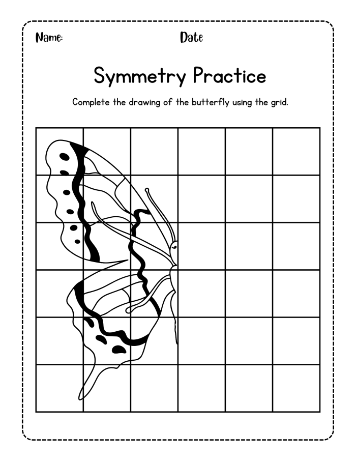 Colorful worksheet for first graders featuring butterfly symmetry activity and coloring fun