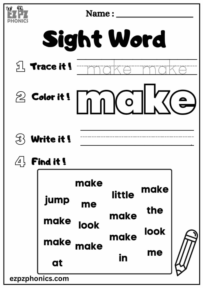Pre-K student working on a creative Spruce Up the Sight Word Make worksheet activity