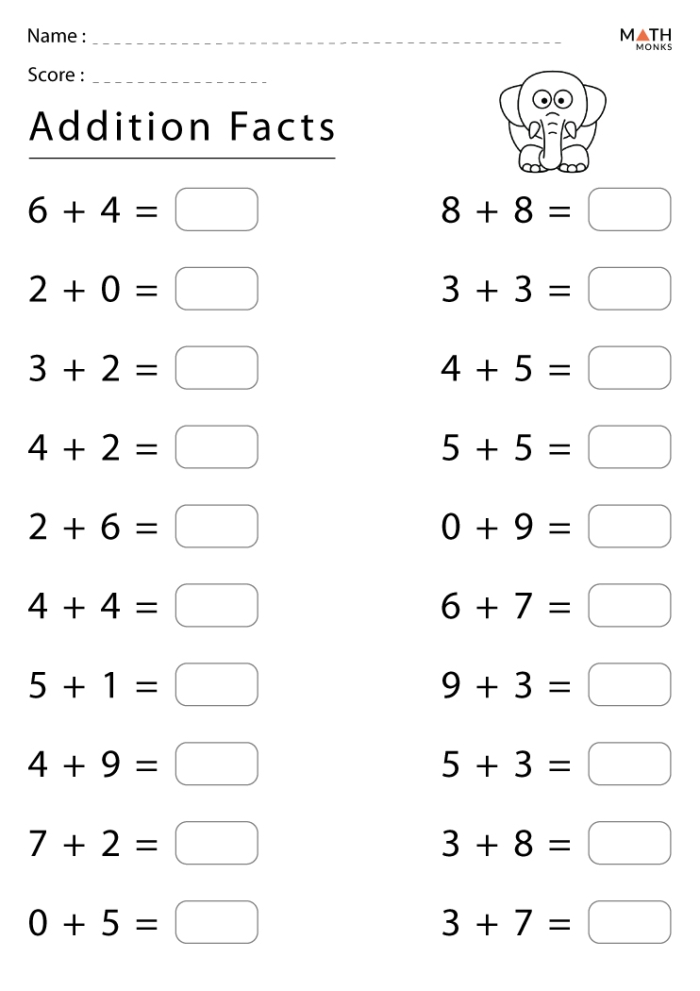 First grade math worksheet showing addition equations with missing numbers that sum to ten