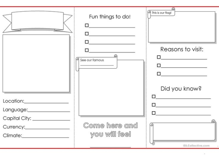 Educational activity that combines research and creativity in a fun travel project Colorful worksheet for creating a travel brochure focused on a chosen city for fourth graders