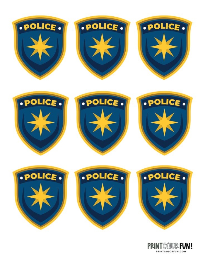 Printable police badge worksheet for kindergarten students to learn about community helpers. Educational activity for young kids to explore the role of police officers.