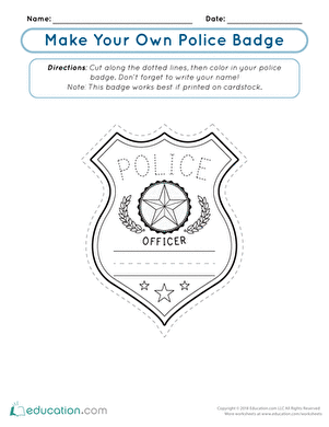Printable police badge worksheet for kindergarten students to learn about community helpers. Make Your Own Police Badge activity for young learners in grammar and mechanics.