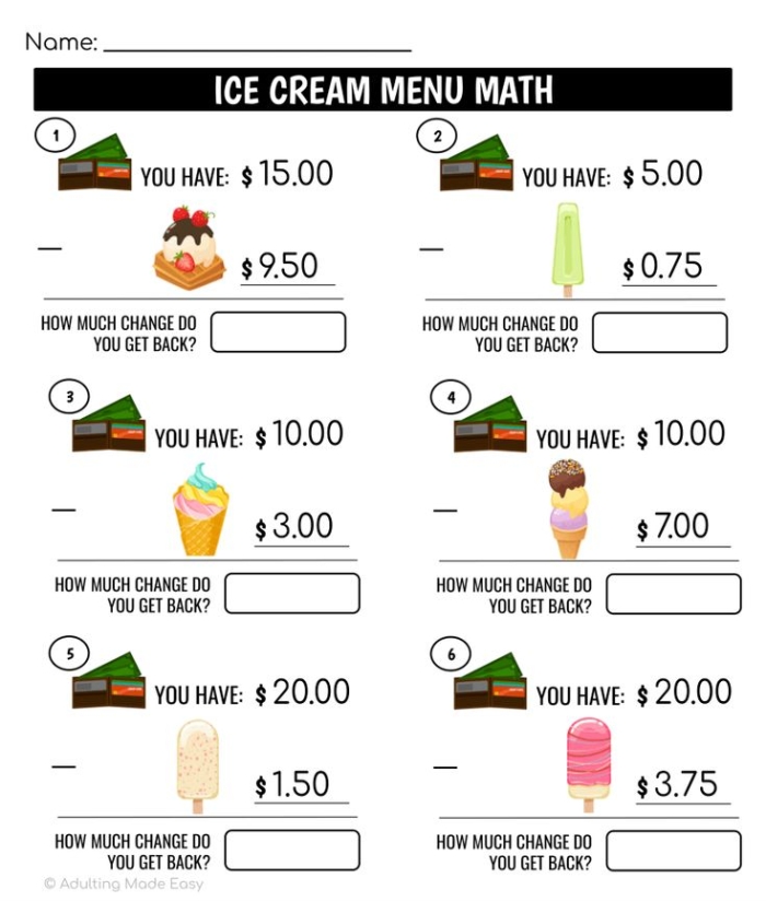 Colorful worksheet for second graders practicing coffee shop math and making change