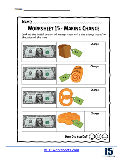 Children practicing math skills with the Making Change: Coffee Shop Math worksheet
