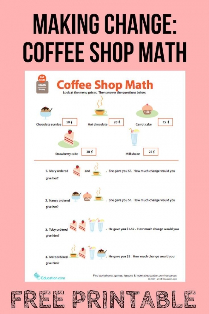 Second grade student solving a coffee shop math worksheet about calculating money change