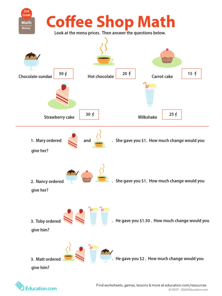 Second grade student practicing addition and subtraction by calculating coffee shop orders on a money math worksheet