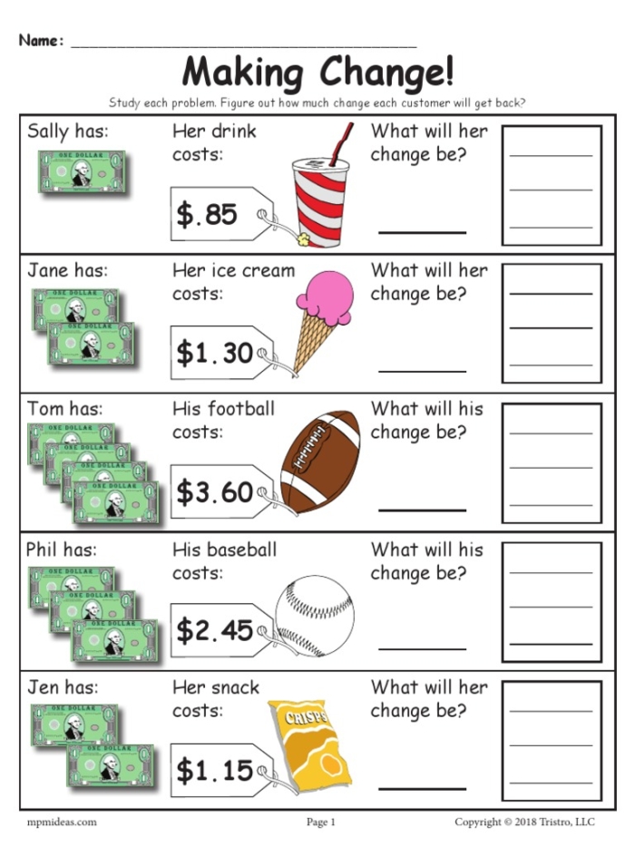 Grammar and Mechanics worksheet for Second Grade Worksheet featuring a fun activity on making change for second graders using pretend play. Engaging Stationery Math worksheet for teaching money concepts in a playful way.