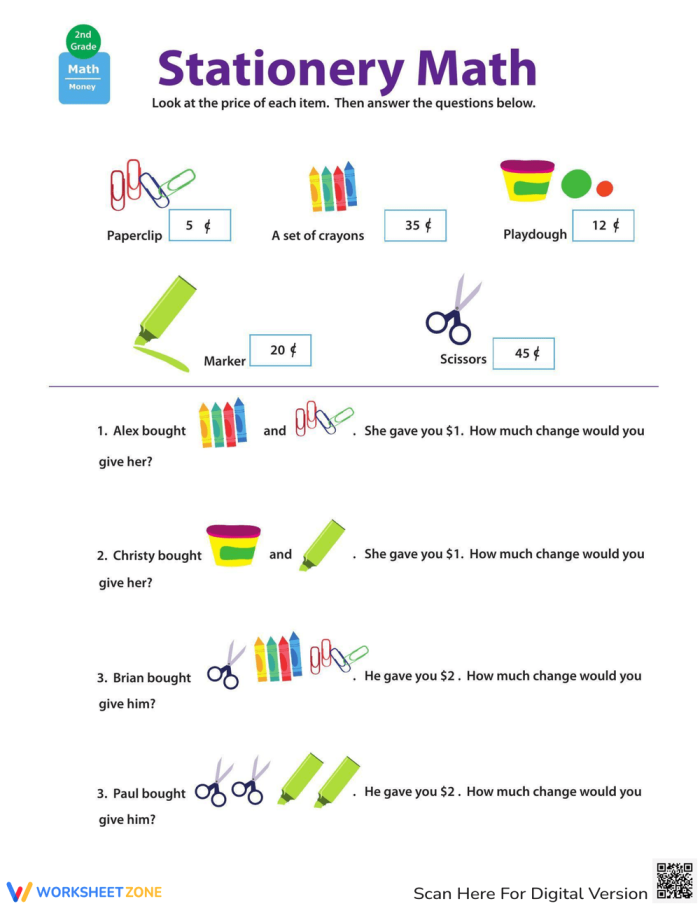 Making Change: Stationery Math Worksheet for Second Graders Second-grade students engaged in a fun stationery math worksheet about making change