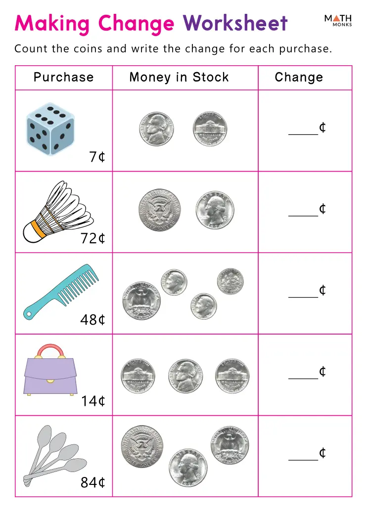 Worksheet image showcasing kids engaging in pretend play and math skills with money Second grade students practicing making change with a fun stationery math worksheet
