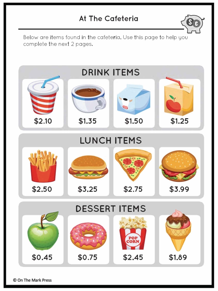 Educational activity image for making change with pretend play and math practice Worksheet featuring Stationery Math for making change in a second-grade classroom